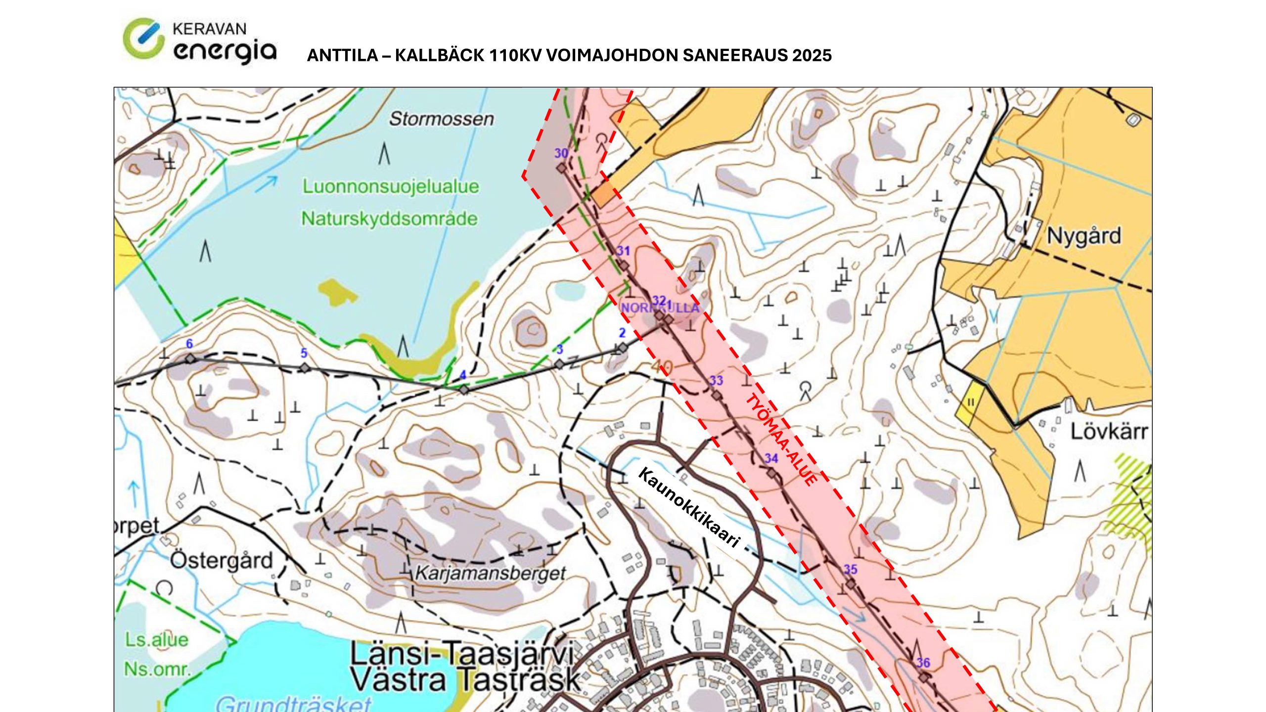 Karttakuva voimajohdon uusimisen työmaa-alueesta. Työmaa-alue on merkitty karttaan punaisella värillä ja katkoviivalla.