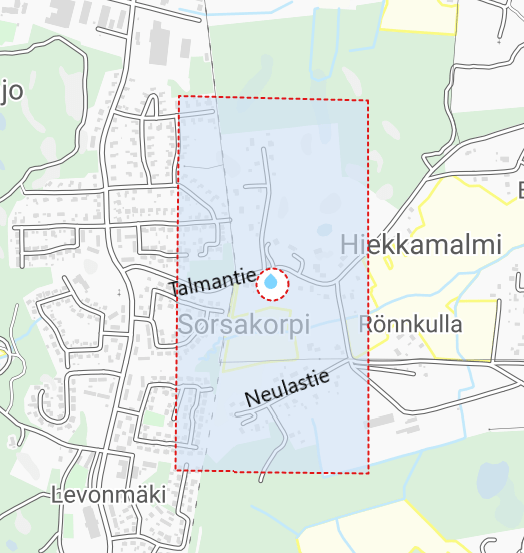 Kartta vesikatkoalueesta.