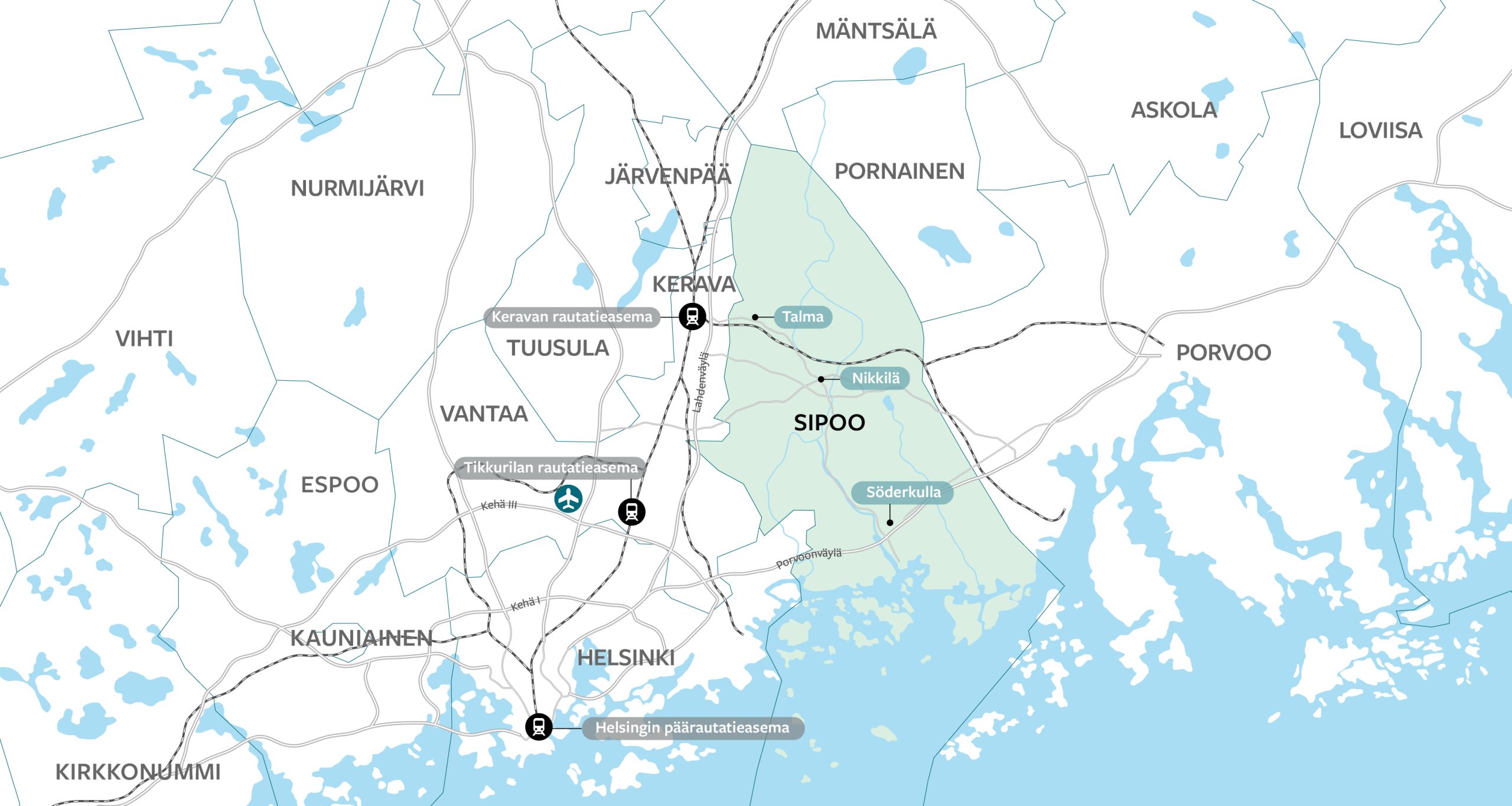 Kartta, jossa näkyy Sipoo ja lähimpiä muita kuntia.